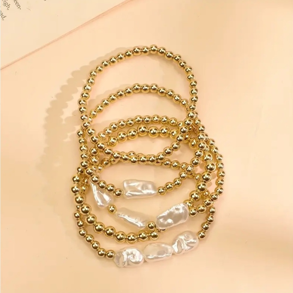 Elegant Gold Beaded Faux Pearl Bracelet Set ~ 5 Pieces - Picture 3 of 4